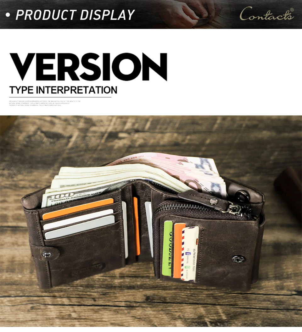 CONTACT'S Echtes Leder Männer Brieftasche Vintage Trifold Haspe Brieftasche Reißverschluss Geldbörse Kartenhalter Geld Clip männer Brieftaschen – Detail 9