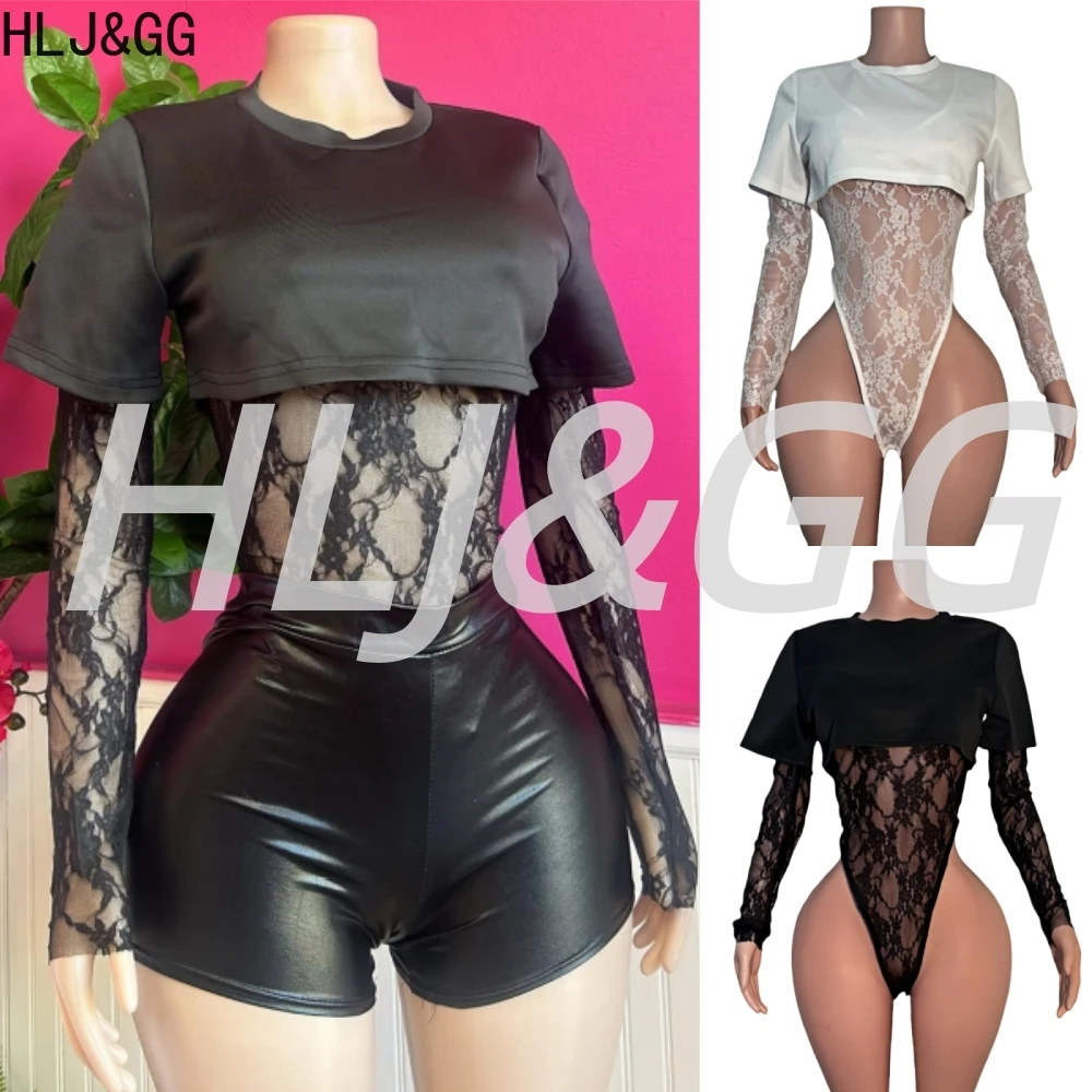 

HLJ&GG Fashion Lace Splicing Bodysuits Two Piece Sets Women Round Neck Long Sleeve Slim Top And Leather Shorts Outfit Streetwear
