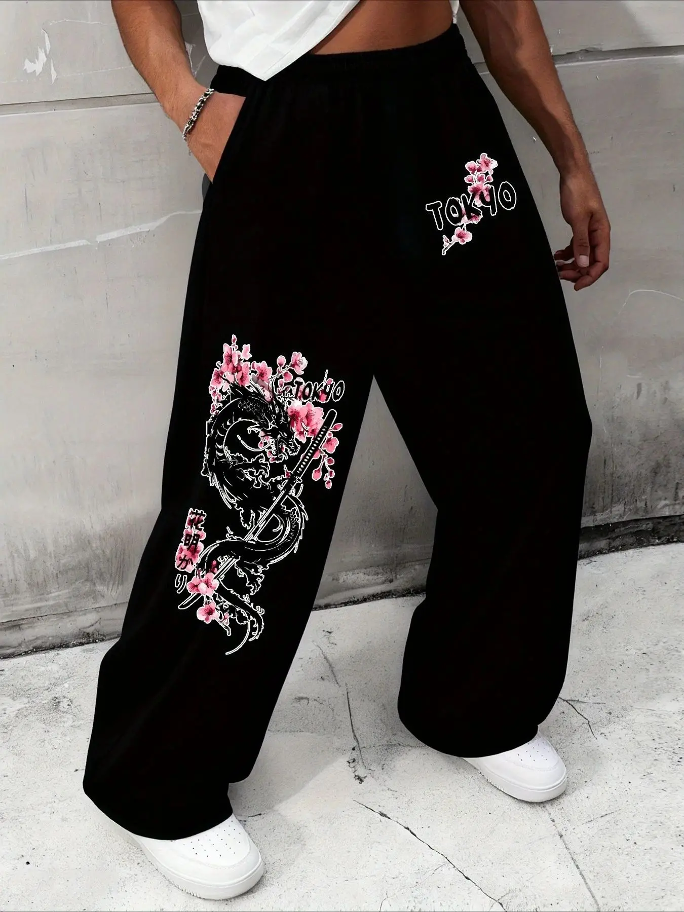New Men's Pants in Japanese Style with Cherry Blossom Print 3D, Casual and Loose Fit Long Pants