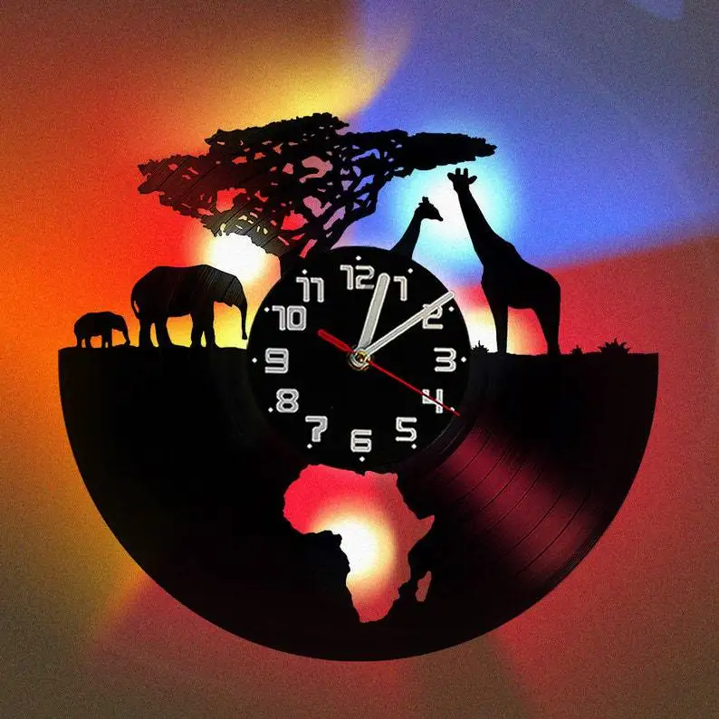 

African Wildlife Elephant Wall Clock, Vinyl Record, Creative, Retro, 16 Colors, LED Clocks, Home, Living, Bed, Room Decoration