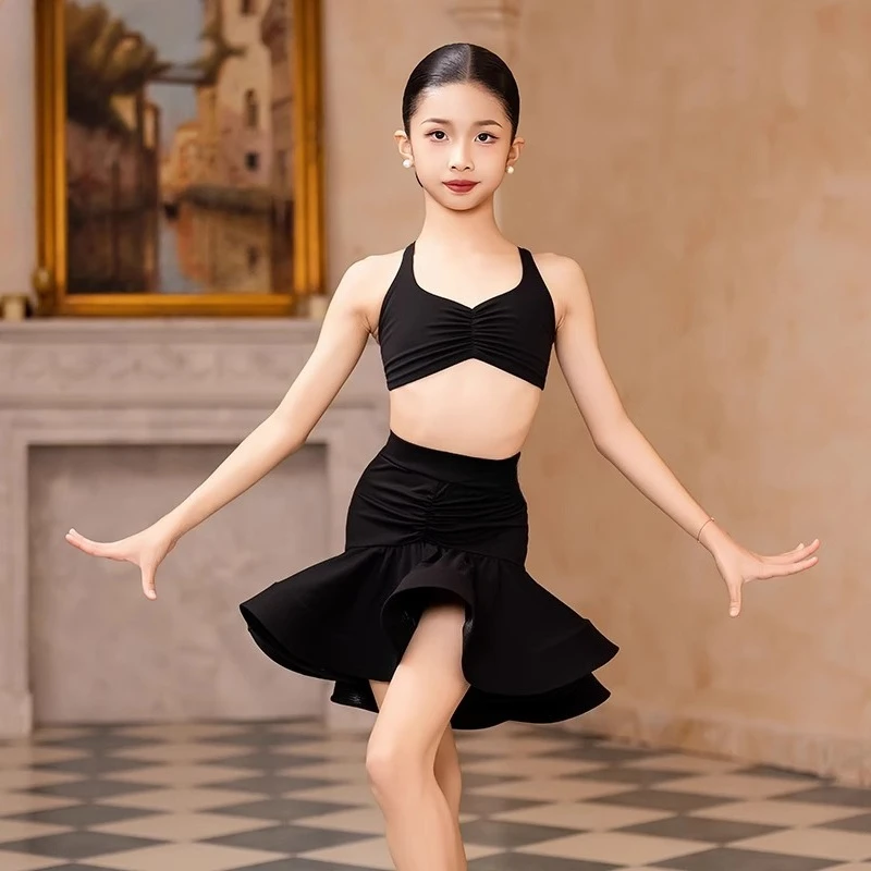 Criança vestido de dança latina terno traje para meninas preto sem costas superior balanço saia dança samba rumba treinamento desempenho dancewear