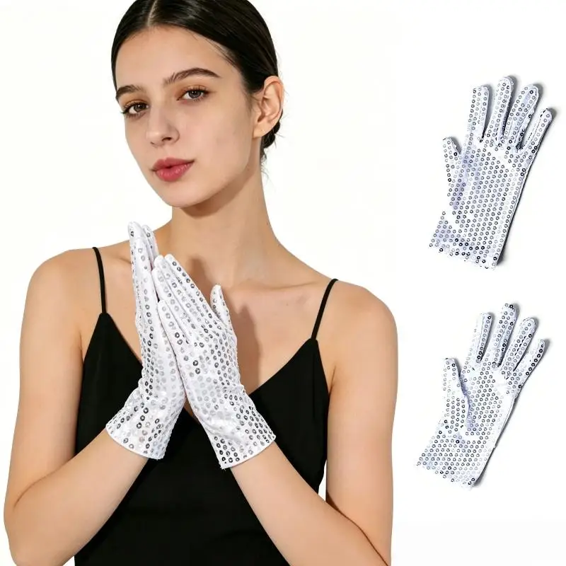1 Pair Silver Glossy Sparkly Mesh Gloves Stretchy Women Dance Costume Accessories for Bridal Wedding Cocktail Party Cosplay
