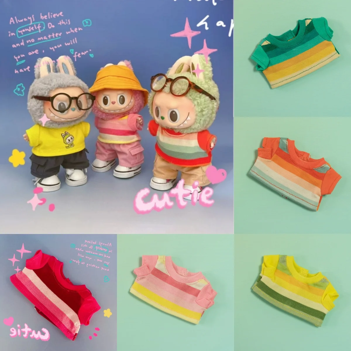 

Doll clothes labubu multicolor T-shirt 17cm doll clothes change outfit Pink yellow green striped clothes and pants set