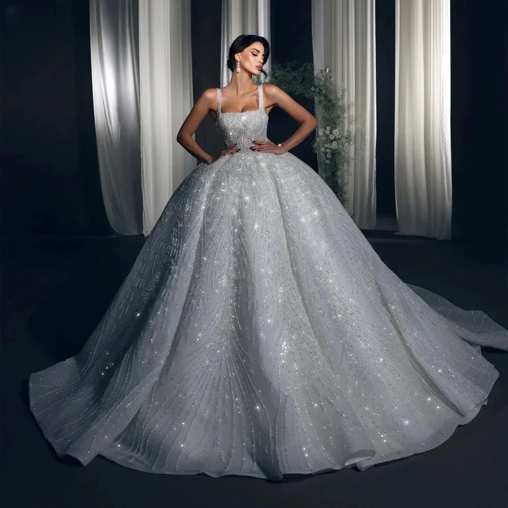 Onelife Customzied Exquisite Square Collar Sequined Beaded Sleeveless Wedding Dress Luxury BallGown Bridal Gown Bride Dress Robe
