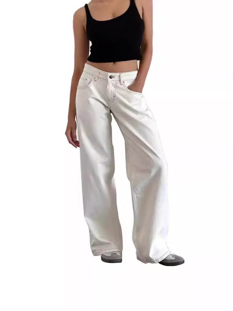 

Lowwaist Wideleg Streetstyle Jeans Retro Washed No Stretch Street Fashion Ladies Jeans Cotton Denim Low Elasticity