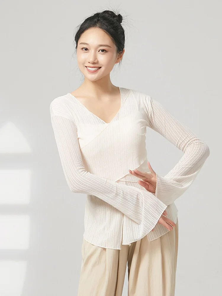 Mulheres dança clássica topo cor sólida malha sino manga longa divisão camisa para desempenho de palco treinamento ensaio traje elegante