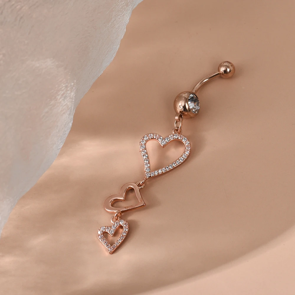 Heart Series Crystal Zircon Belly Button Ring 14G Dangled Heart Chain Navel Belly Piercing Nombril Stainless Steel Body Jewelry