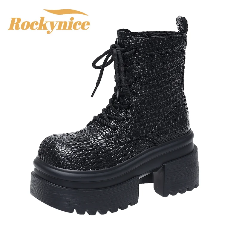 

Женские ботильоны на массивном каблуке 9 см, новые осенне-зимние плетеные кожаные туфли в стиле панк, повседневные кожаные полусапожки на высокой платформе, Botas Mujer