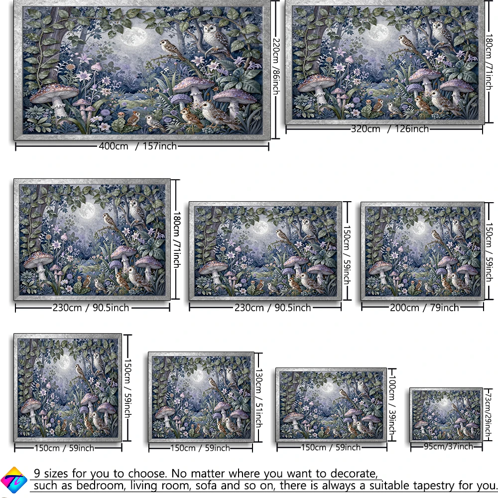 Forest Moon Night Owl Flower Pattern Printed Tapestry Wall Hanging Simple Art Bohemian Style Living Room Bedroom Home Decor