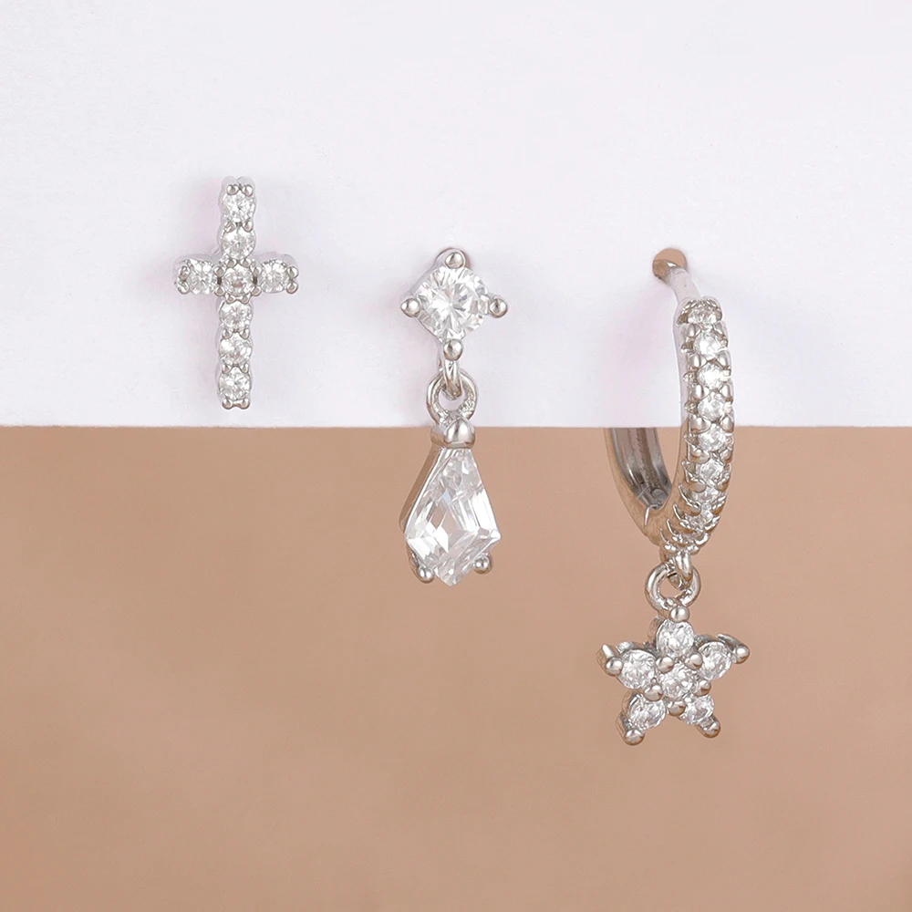 3PCS Dainty Zircon Flower Dangle Earrings Sets For Women 14K Gold Plated Cross Stud Earring Korean Fashion Romantic Jewelry Gift