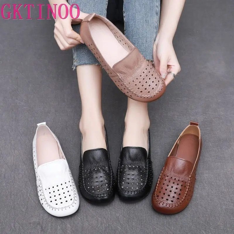 GKTINOO Summer Hollow Genuine Leather Shoes New Fashion Women Shoes Woman For Mom Women\'s Flats Comfortable Handmade Loafers