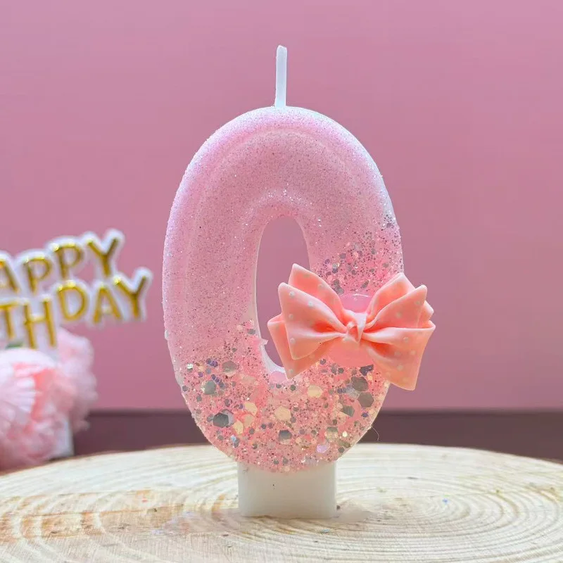 Powder gradient silver bow decoration digital candles, festive party small gifts, birthday and anniversary candles