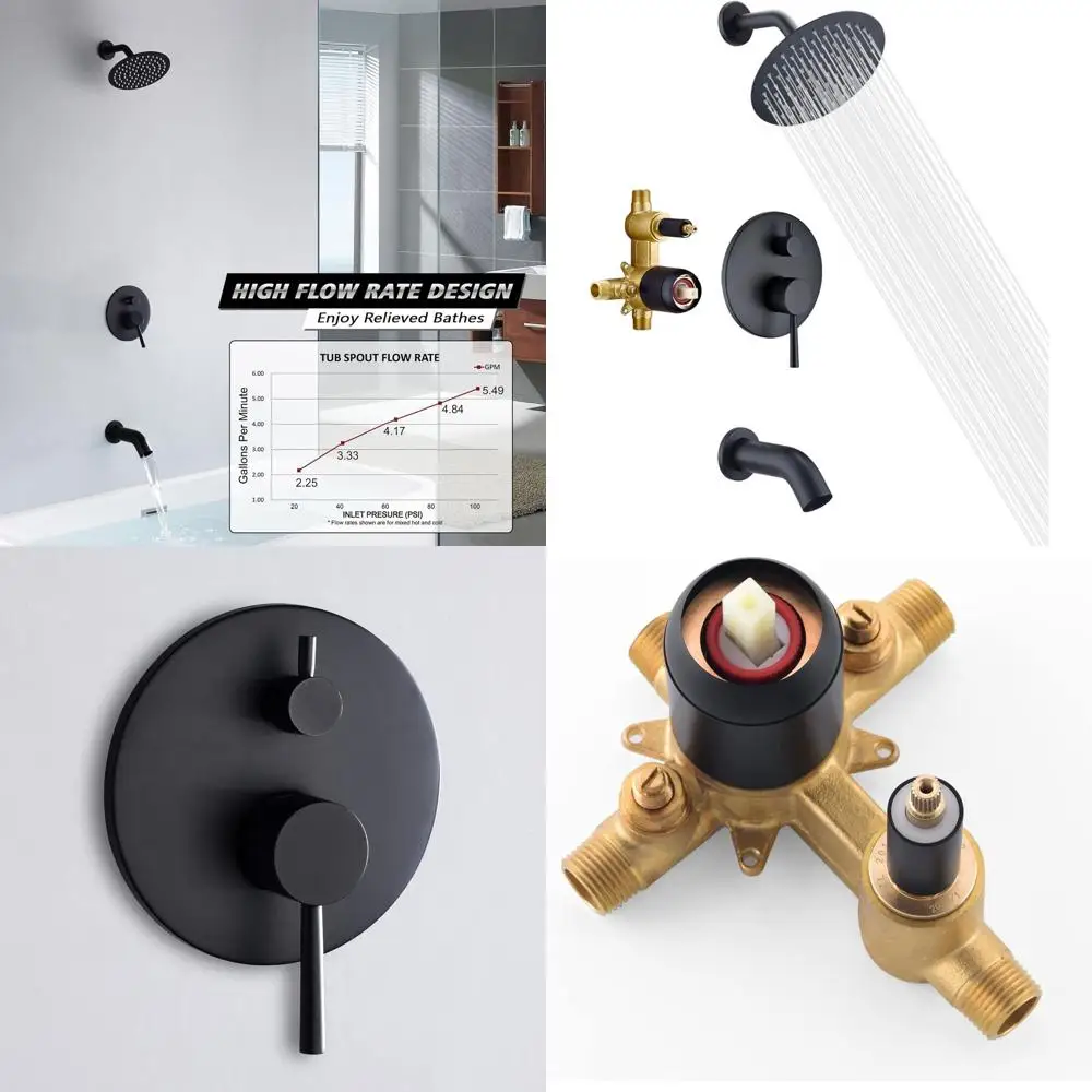 Black Shower Faucet with Tub Spout, 8-Inch Showerhead, Balanced Cartridge for Tub and Shower