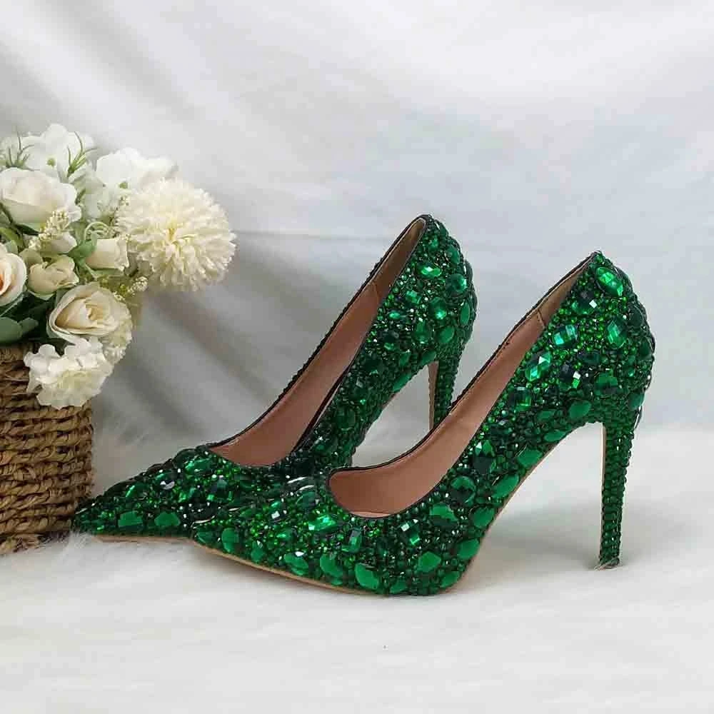 2024 New Green Pointed Toe Party Dress Shoes With HandBag Rhinestone Wedding Shoes and bag Women Crystal High Pumps Thin Heel