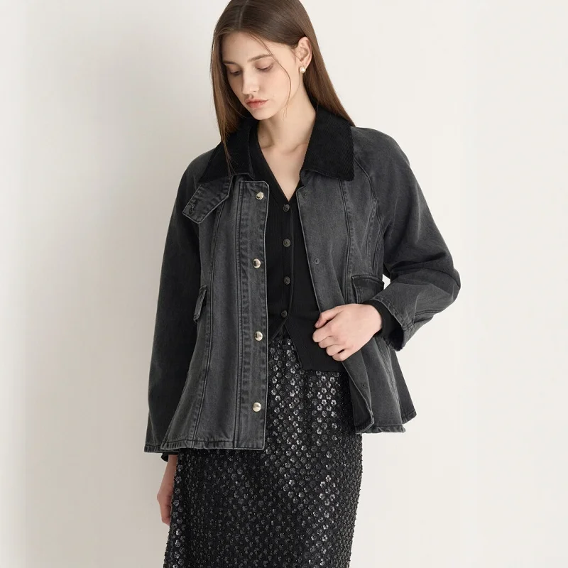 

Retro Sle Women's Casual Loose Fit Denim Jaet Soft Fabric Turn-down Collar Slimming Effect ey Outerwear for Ladies