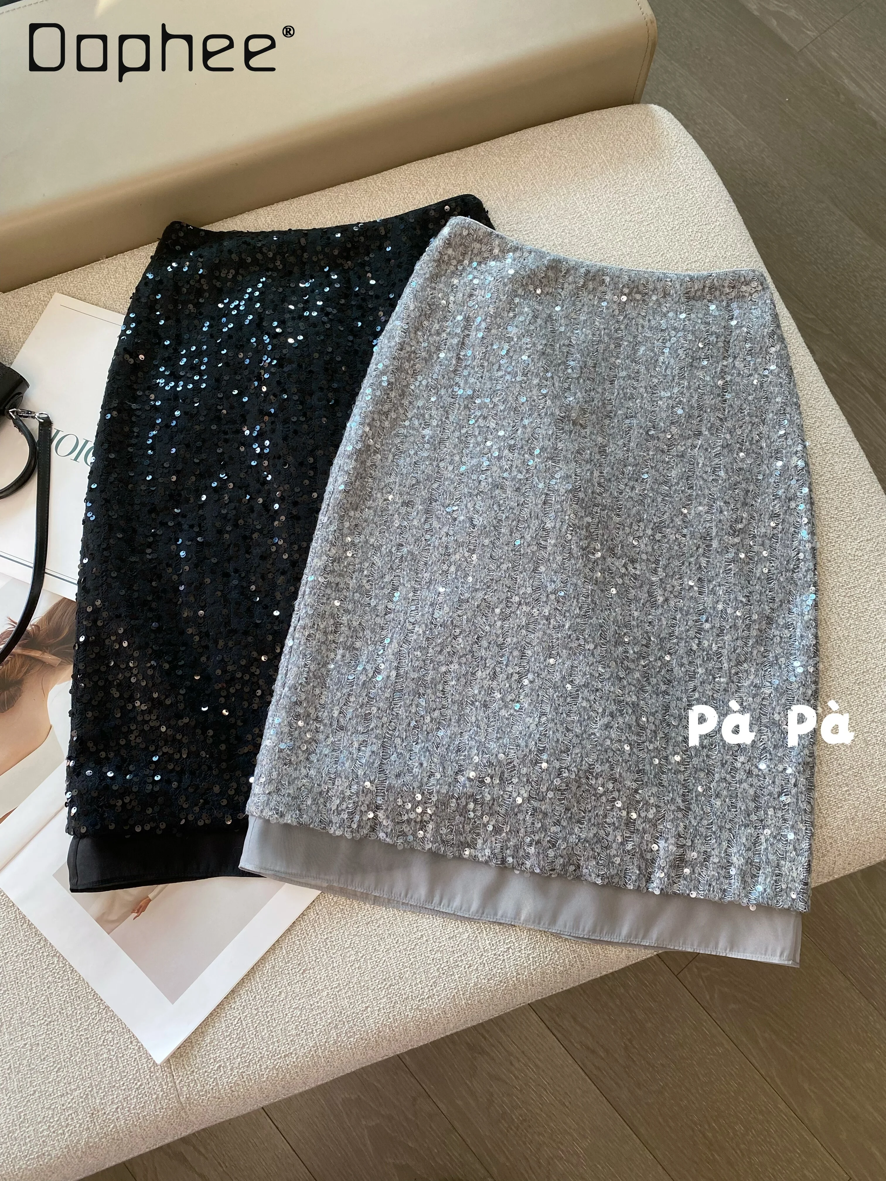 

Korean Style Fashion High Waist Sequin Knitted Midi Skirt for Women 2026 Spring New Trendy Versatile Back Slit A-line Skirts