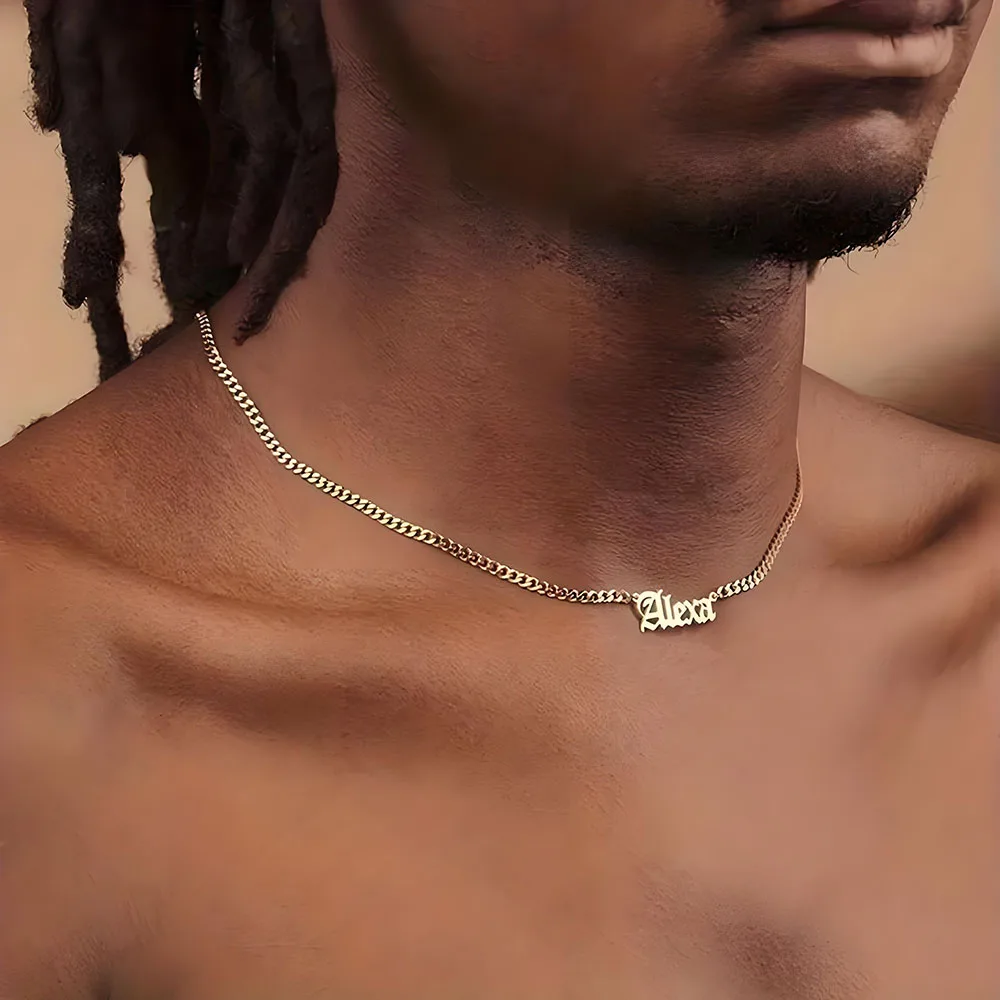 Gothic Script Custom Name Cuban Choker Necklace Personalized Old English Name Pendant Silver Gold Tone Hip Hop Jewelry for Men