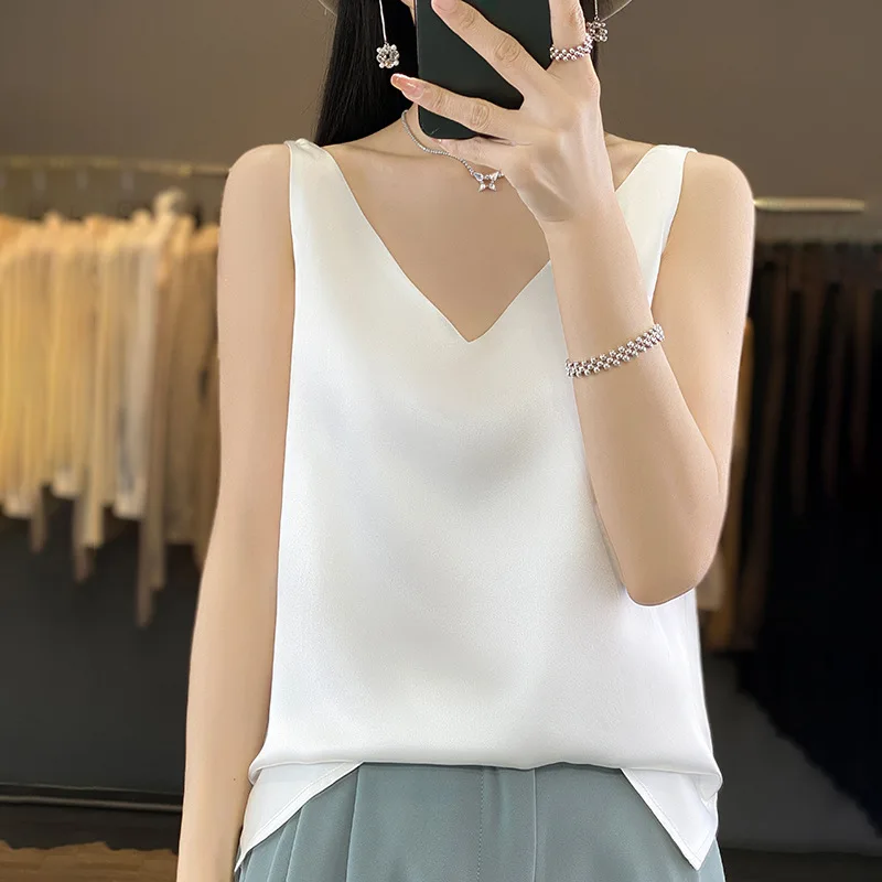 Ice Silk Camisole Women\'s V-neck Tops White Satin Camis Mulberry Summer Ladies\' Crop Top Women Solid Blouse Vest