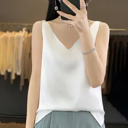 Ice Silk Camisole Women's V-neck Tops White Satin Camis Mulberry Summer Ladies' Crop Top Women Solid Blouse Vest