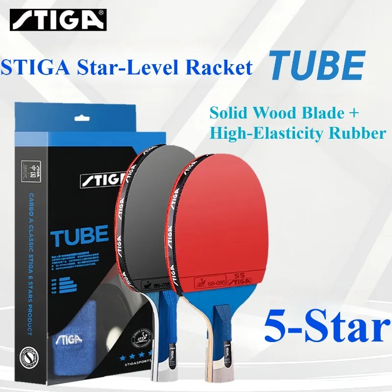 STIGA 5‑Star TUBE Table Tennis Racket Pre‑assembled 5‑Ply Solid Wood Offensive FL/CS Ping Pong Racket with S5 Pips in Rubber