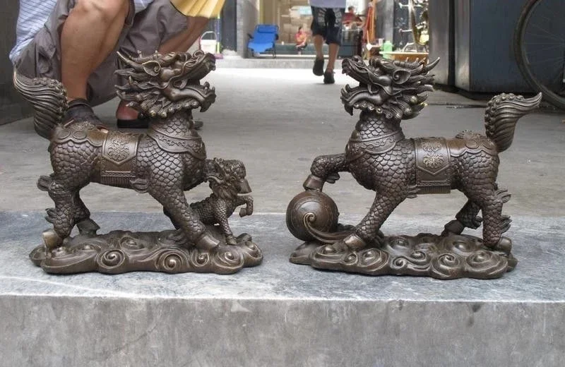 China regius Pure Bronze Dragon Kylin Lucky Fengshui Chi-Lin statue Pair