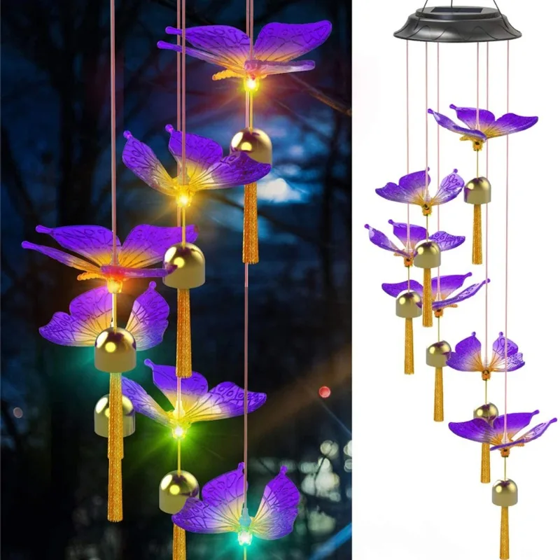 1PC Hangende Solar Garden Decor Licht Vlinder Bell Solar Windgong Kleur Veranderende Solar Lamp Outdoor Waterdichte Tuin Yard