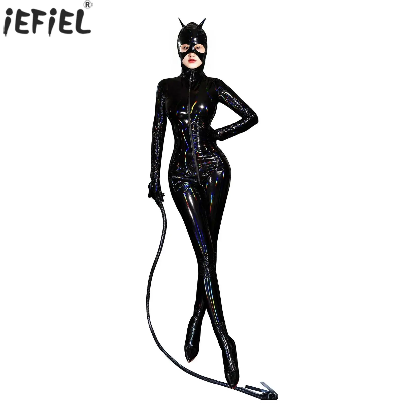 

Women Glossy Full-body Role Play Catsuits Long Sleeve Jumpsuit Single Or with Mask Gloves And Socks 4-piece Set for Raves Party