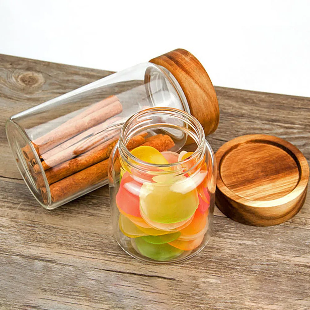 

1Pcs Transparent Glass Storage Jar Wooden Lid Grain Container Kitchen Food Storage Can Sealed Airtight Household Snack Holder