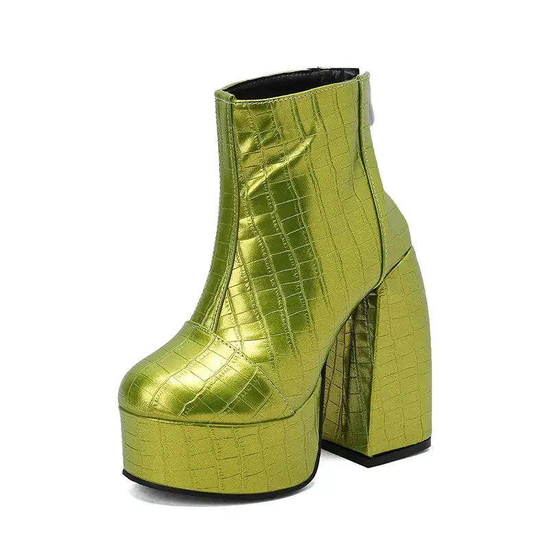 Crocodile PU Leather Neon Green Shiny Pink Platform Women Winter Warm Shoes Zipper Block Thick High Heels Ankle Chelsea Boots