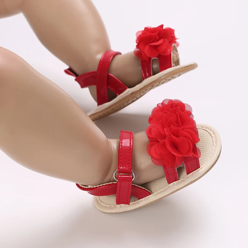 Summer baby girl sandals red festive and cute flower baby shoes soft rubber soles comfortable and casual baby walking shoes