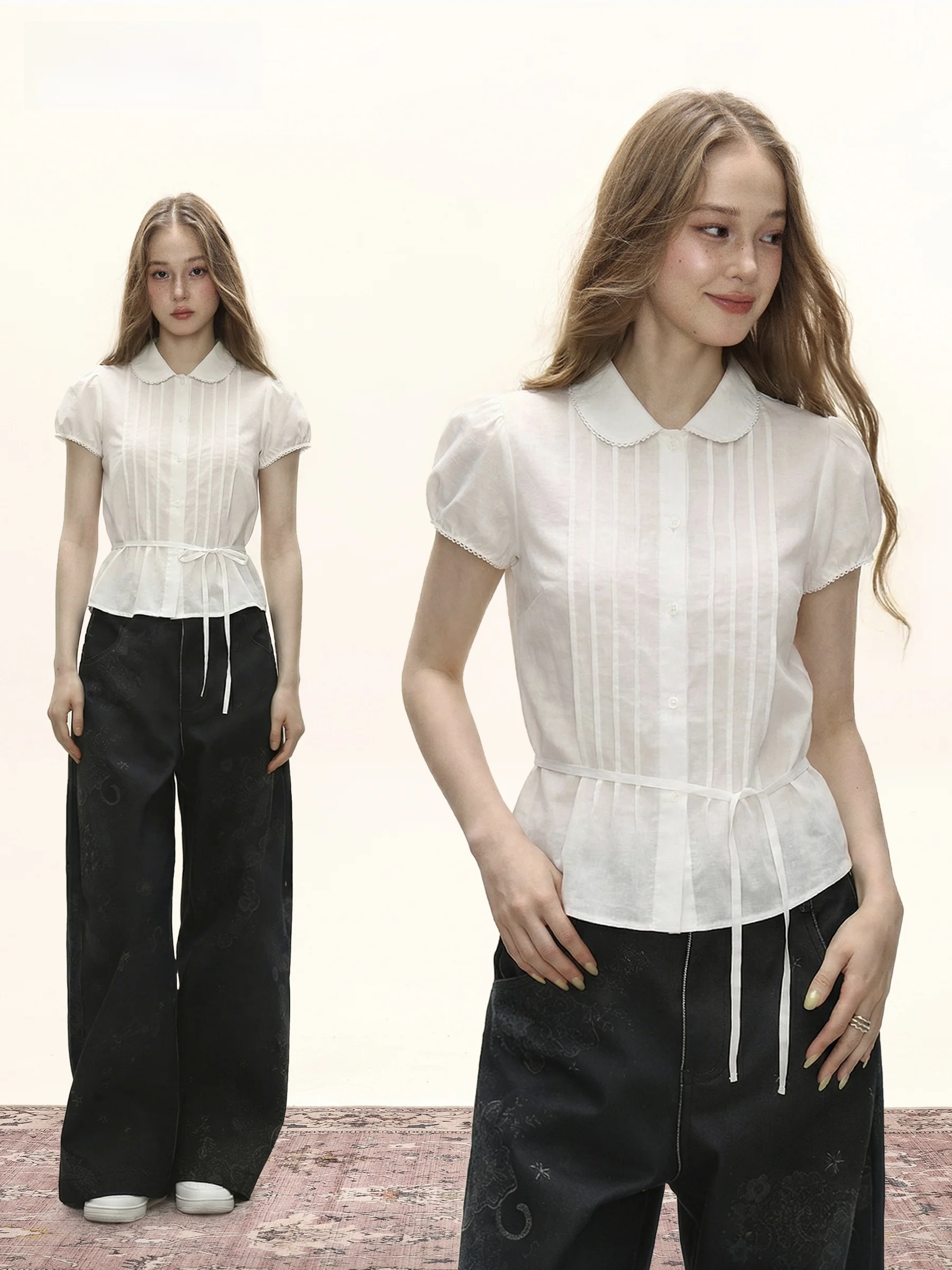 

Sweet And Spicy November Short Sleeve Shirt Women's Summer Doll Collar Lace Trim Belted Bubble Sleeve Slim Fit Waist Short Shirt