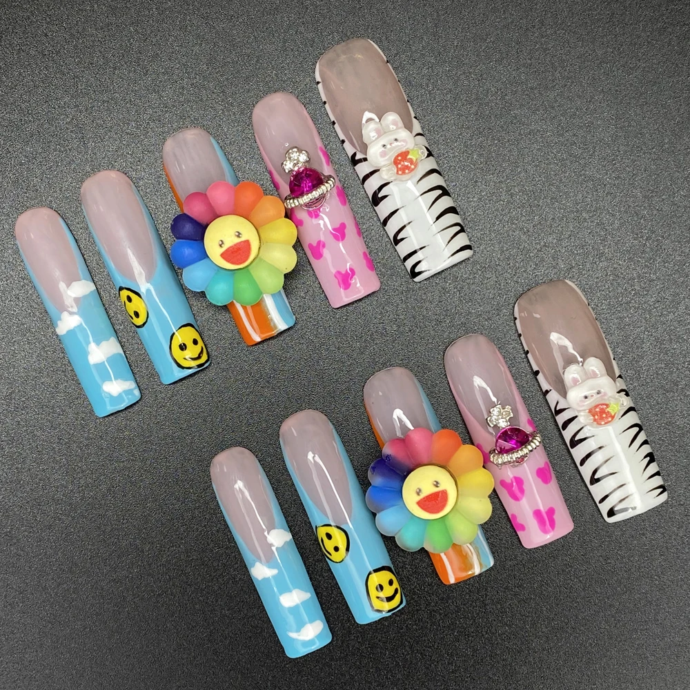 Exclusive Design Sunflower Square Y2K French Artificial False Nails Tips 10PCS Gorgeous Covered Decoration Multicolor Nails Set