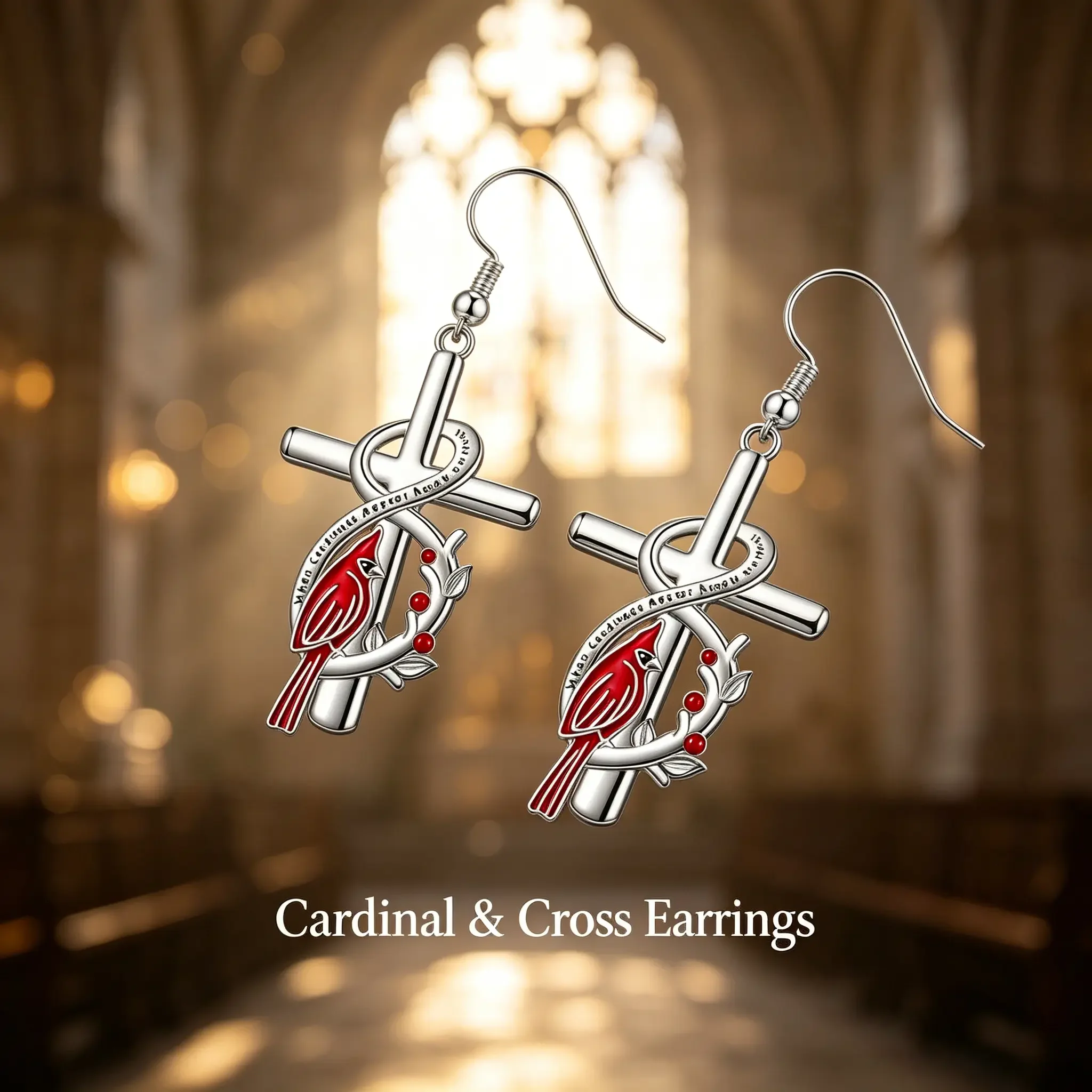 Cardinal Bird Cross Earrings Memorial Keepsake Spiritual Sympathy Jewelry