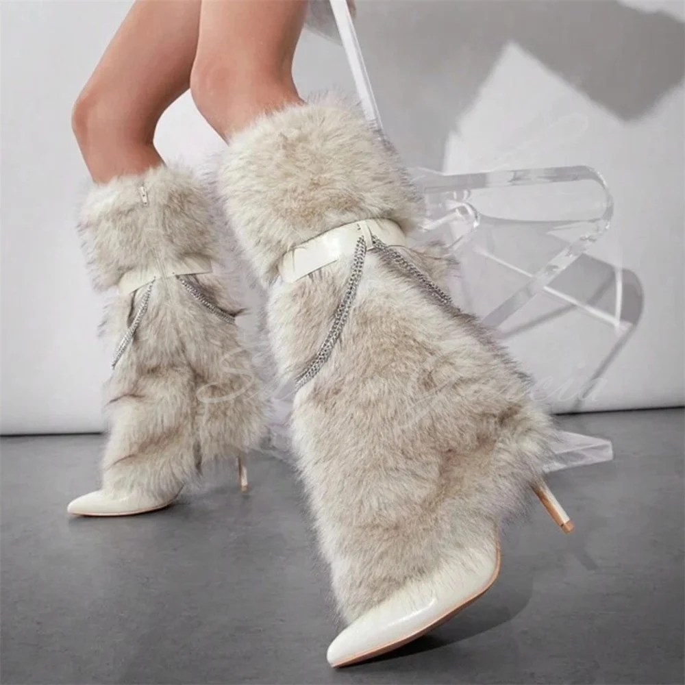 White Faux Fur Knee Boot Women Winter New Sexy Pointed Toe Stiletto Heel Crystal Chain Decor Side Zipper High Heel Long Boot view 2