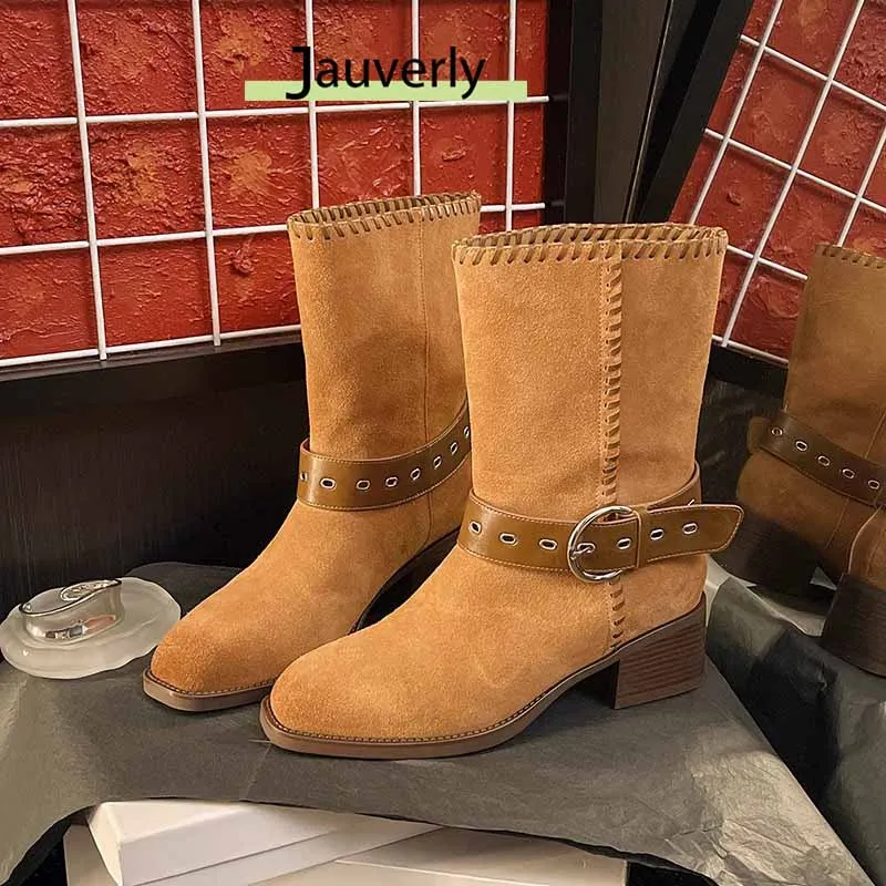 

Сапоги с широкими трубками, острые ковбойские сапоги в стиле вестерн, лето 2025, женские универсальные сапоги средней длины на толстом каблуке