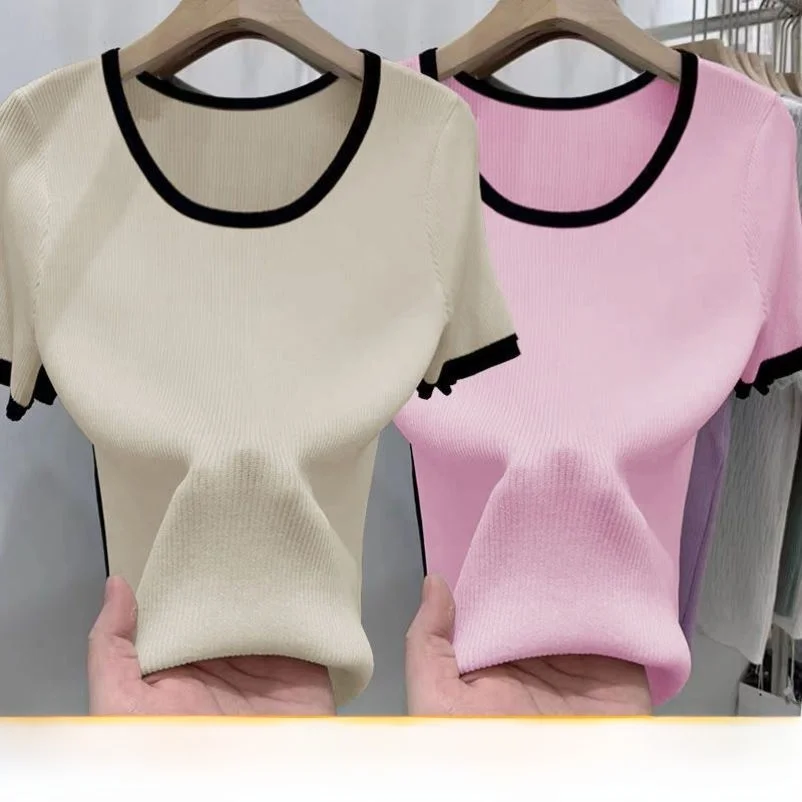 Summer New Ice Silk Thin Women's T-shirt Loose Short Sleeve Candy Color Lazy Style Top Two-Piece Set Comfortable Breathable
