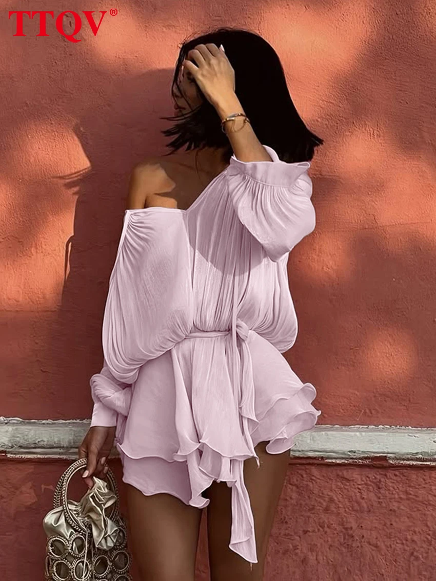 

TTQV Sexy Loose Pink Women's Dress 2026 Fashion V-Neck Long Sleeve Mini Dresses Elegant Classic Lace-Up Pleated Female Dress