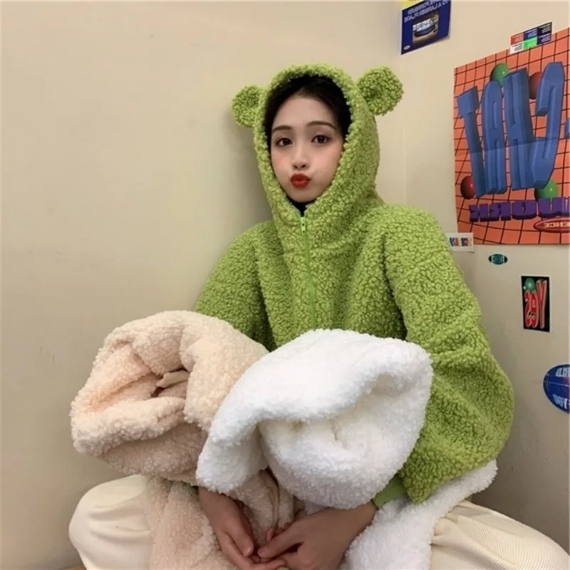 Autumn Winter Women Green Beige Zip-up Sweatshirt Kawaii Fleece Faux Fur Long Sleeve Hooded Teddy Bear Ears Soft Hoodies White