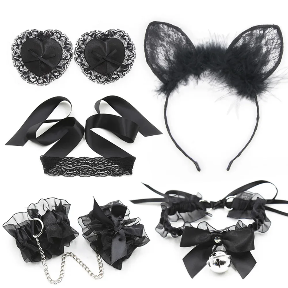 Personalized Lace five-piece Black Lace Eye Mask Sexy Hollow Veil hairband Collar handcuff training Couple flirting adult game