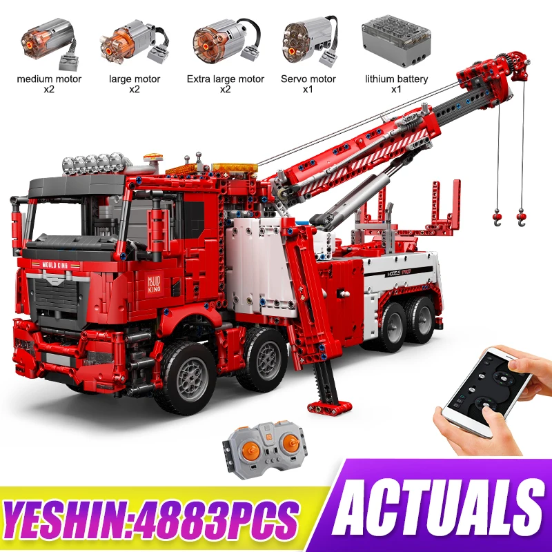 MOULD KING 17027 Technical Fire Rescue Vehicle Building Blocks Set Remote Control Buildable Tow Truck Kits Toy For Children