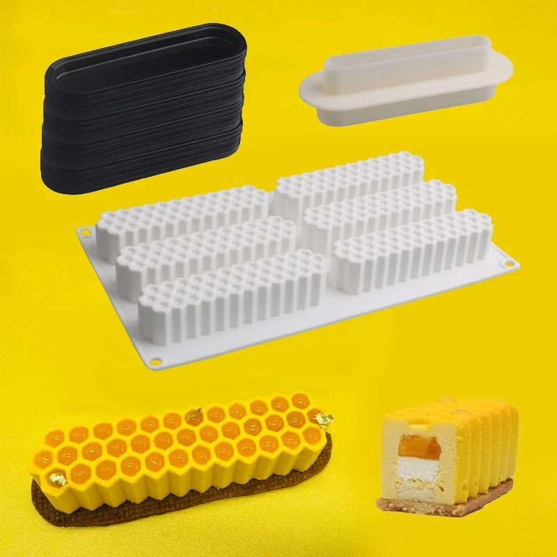 6-Cell Long Strip Honeycomb Design Silicone Mousse Cake Mold Beehive Dessert Baking Tool Plastic Pastry Cutting Mold Mousse Tray
