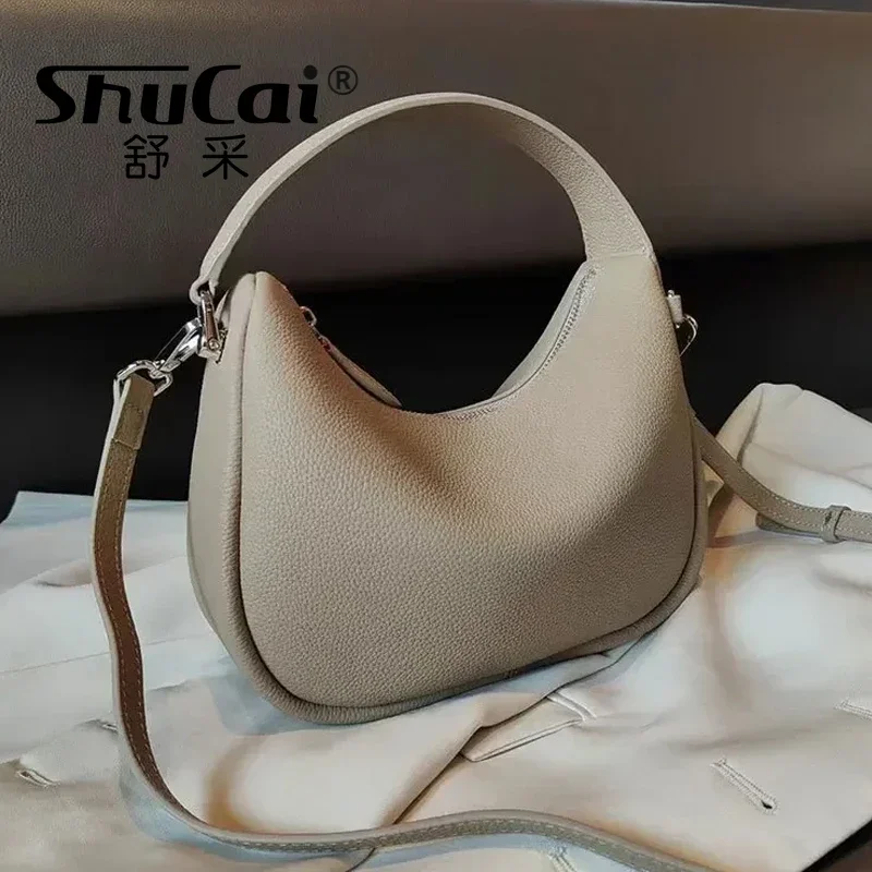 Genuine Grade Leather Half Moon Bag Women's Cowhide Female Handbag Luxury Designer Brand Ladies Shoulder Crossbody Underarm Bags