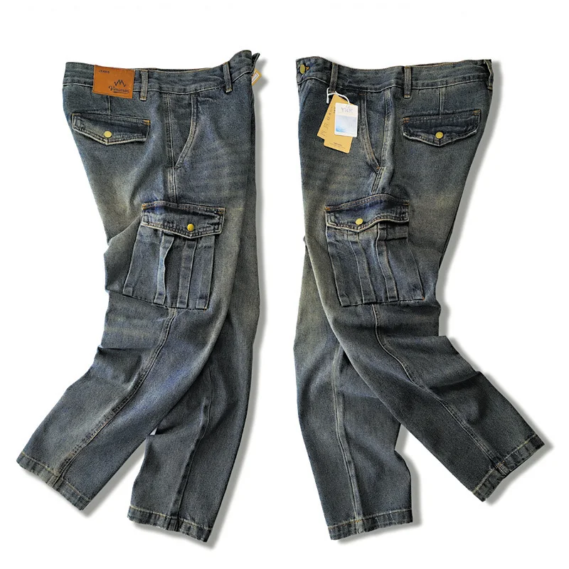 

Мужские утепленные джинсы прямого кроя, повседневные, из выстиранного денима, осенне-зимние, рабочие, с множеством карманов, на молнии, с высокой талией, длинные