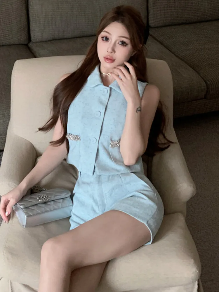Women French Summer Sweet Girl Lady Two Piece Outfits High-end Small Fragrant Female Sleeveless Vest Top High Waist Shorts Set