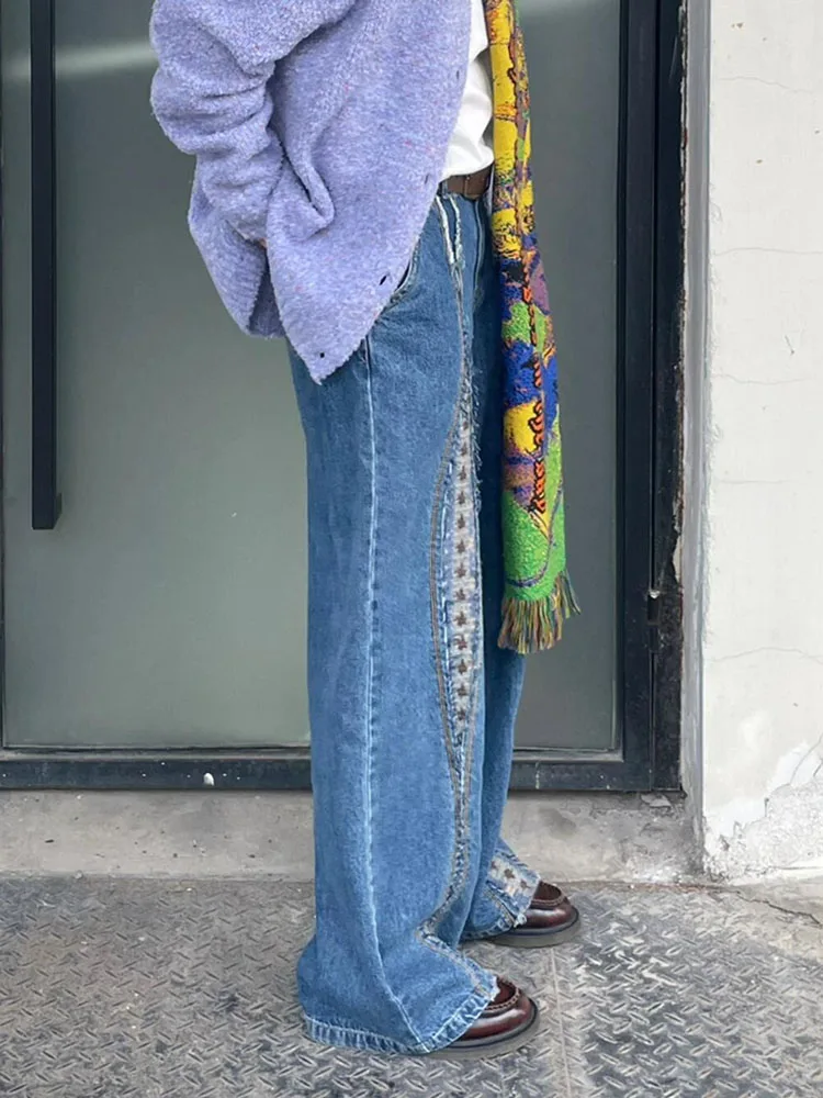 PBAP Fair Isle Crochet Pattern Wide Denim Pants Women Low Rise Patchwork Knitted Frayed Straight Baggy Jeans Y2k Vintage Clothes