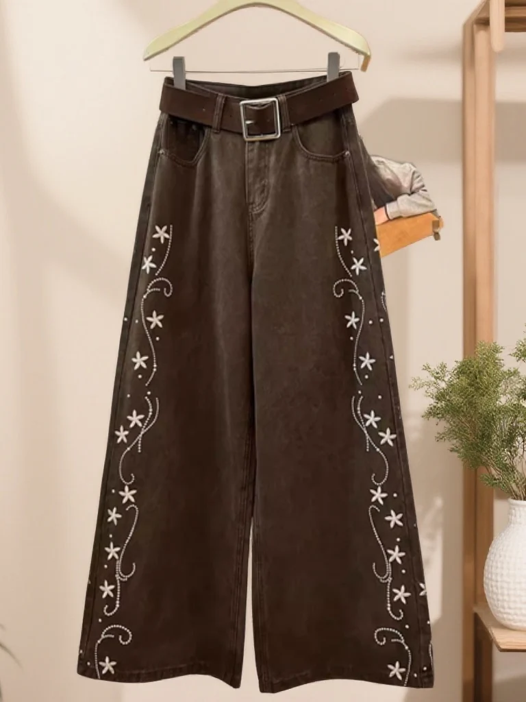 

Faionable High Waist Floral Embroidery Coffee Denim Pants Wide Leg Pants for Women Casual Sle Multi ket Water Waed
