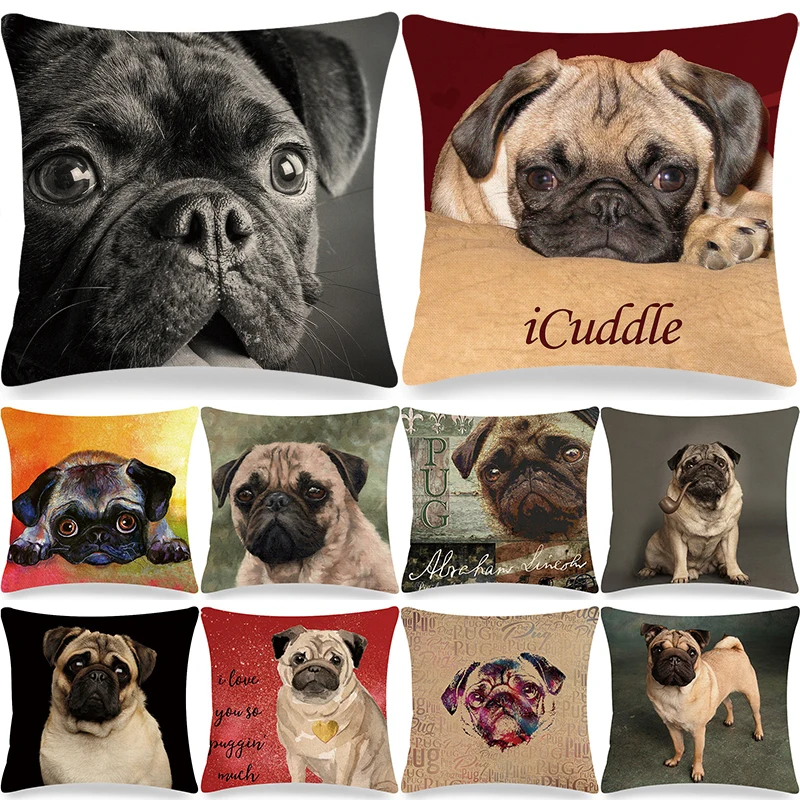 

Pug Printed Pillows Cushion Cover 18x18 Inches Linen Pillowslip Home Sofa Car Decoration Throw Pillow Cover Cute Dogs Pillowcase