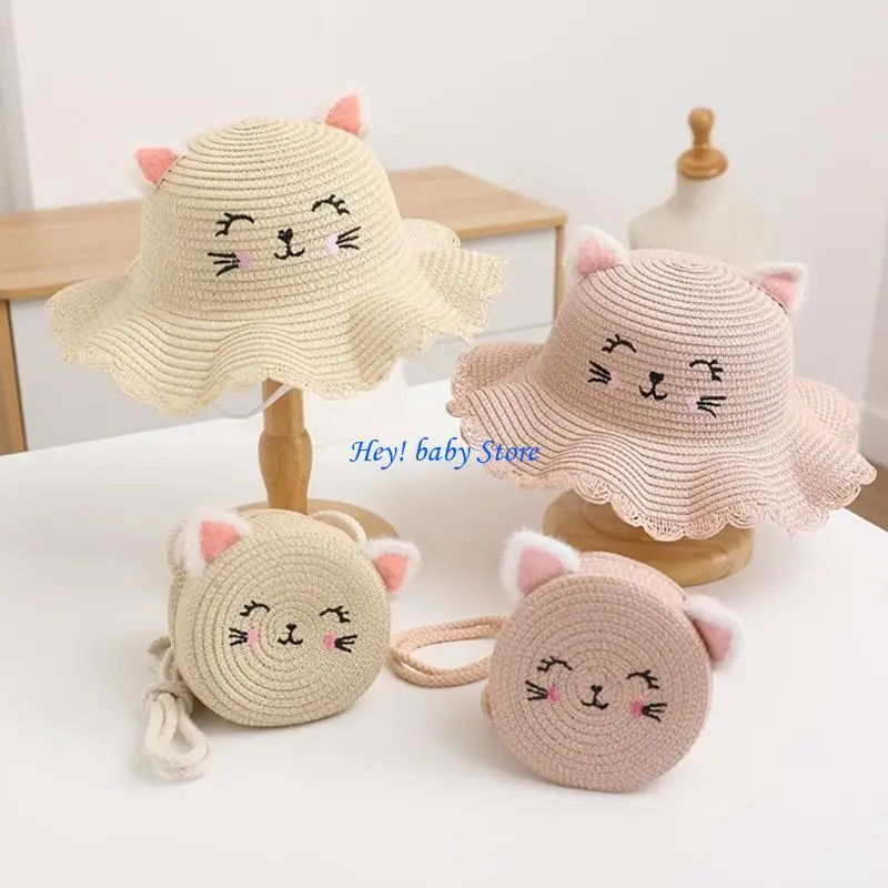 

Q1FE Соломенная шляпа от солнца для детей, девочек и мальчиков, дорожная кепка с широкими полями и небольшой сумкой, уличная