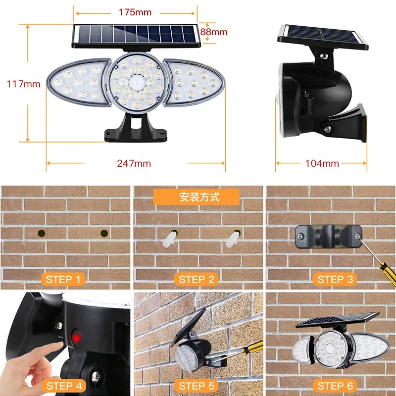 2023 New 3head LED Solar Wall Light 3 Gear Mode Outdoor Solar Garden Light IP65 Waterproof Human Body Sensor Light Spotlight