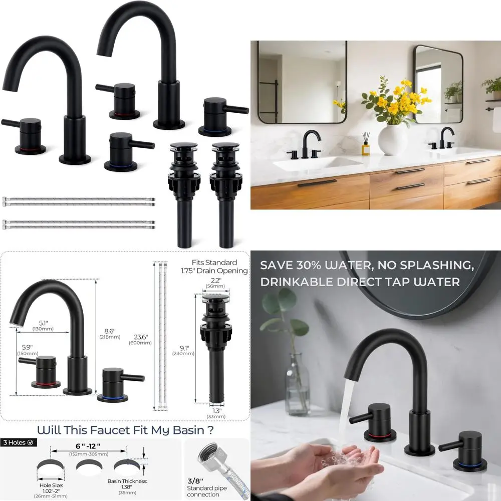 

Matte Black 8 Widespread 2-Handle Bathroom Sink Faucet with 360° Swivel Spout and Pop-Up Drain, Includes Water Supply Hoses (2-P